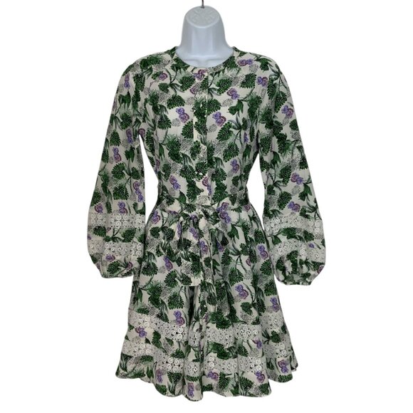 Maje Roman Floral Print Woven Mini Dress 36 US/4 Long Sleeve Lace Insert Belted - Picture 1 of 12